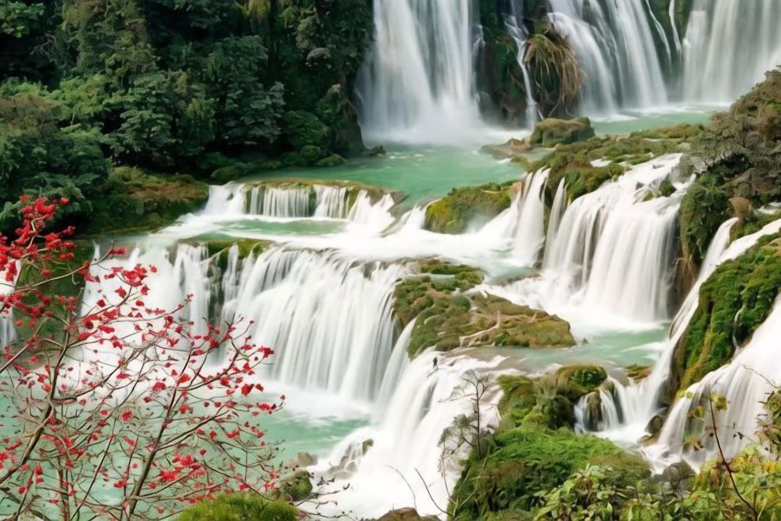 A multi-tiered waterfall surrounded by lush greenery.