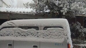 A vehicle covered in snow.