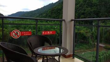 Relax on the balcony with a serene mountain view, featuring a comfortable seating area and secure outdoor space.