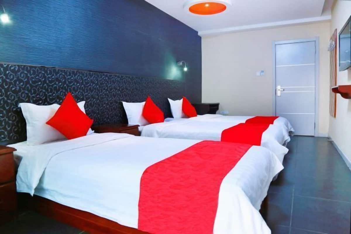 Habitación de hotel con dos camas, un cabecero de estampado oscuro, una pared de acento roja y una puerta con interruptor de luz.