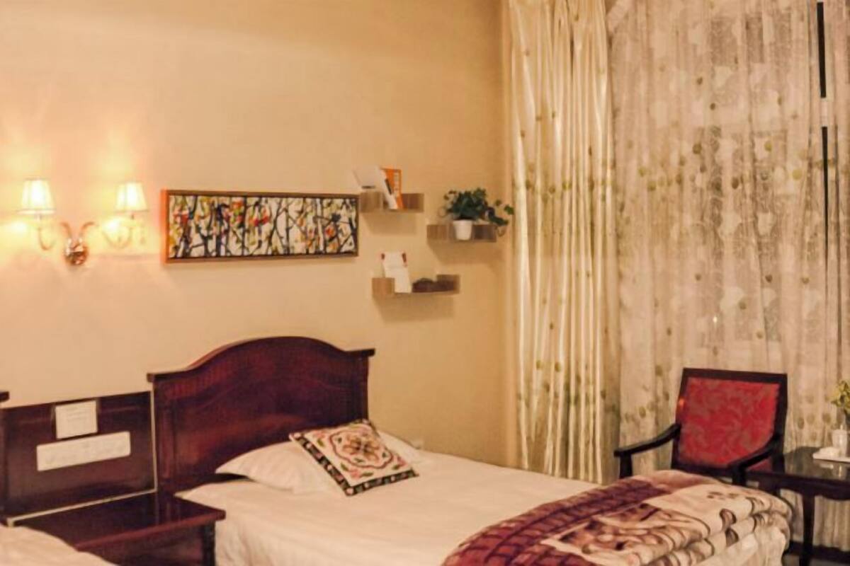 Habitación de hotel con cama, mesitas de noche, una silla, una mesita pequeña, un estante en la pared con una planta y un cuadro.