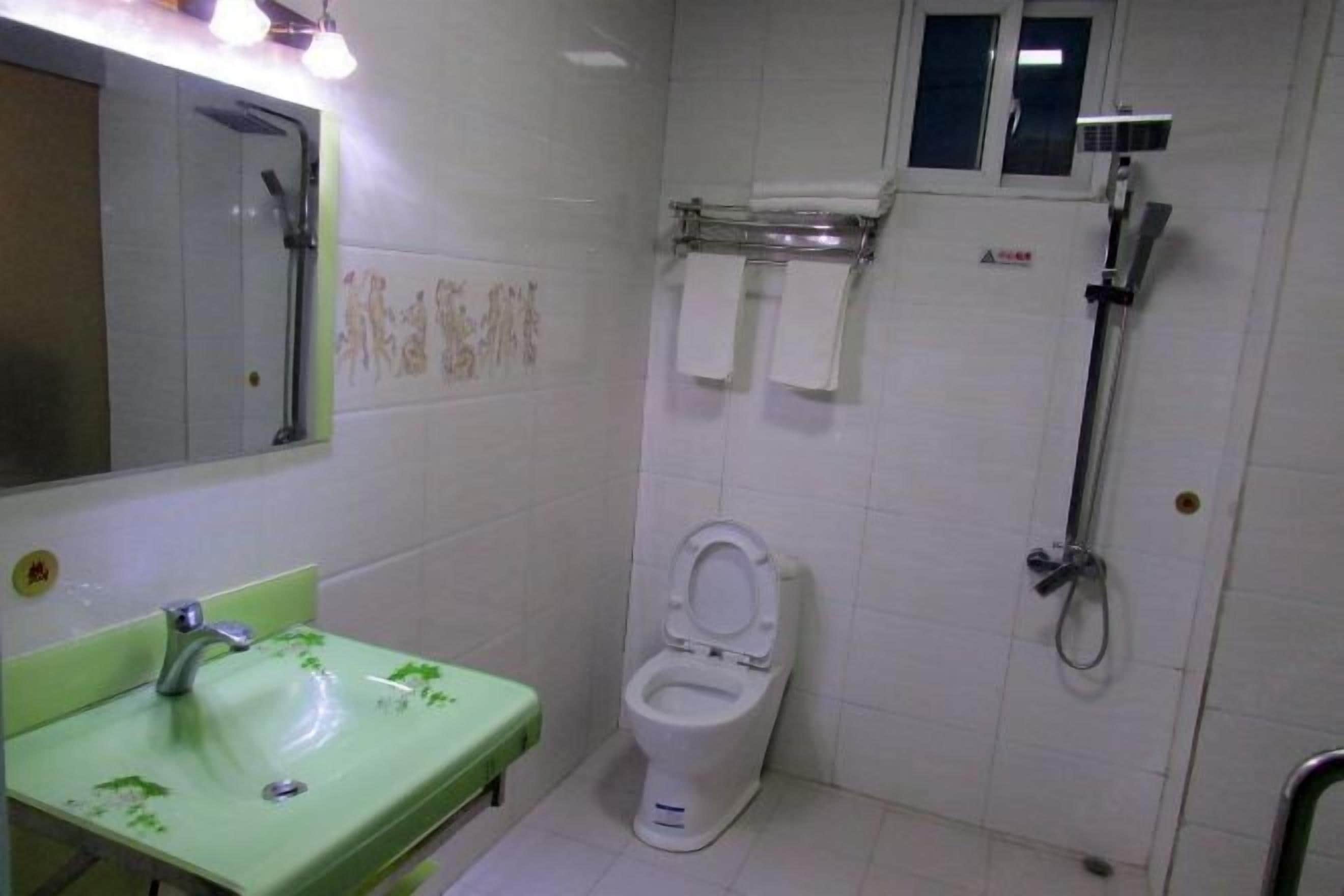 Une salle de bain avec un lavabo vert, des toilettes blanches, une douche et un miroir.