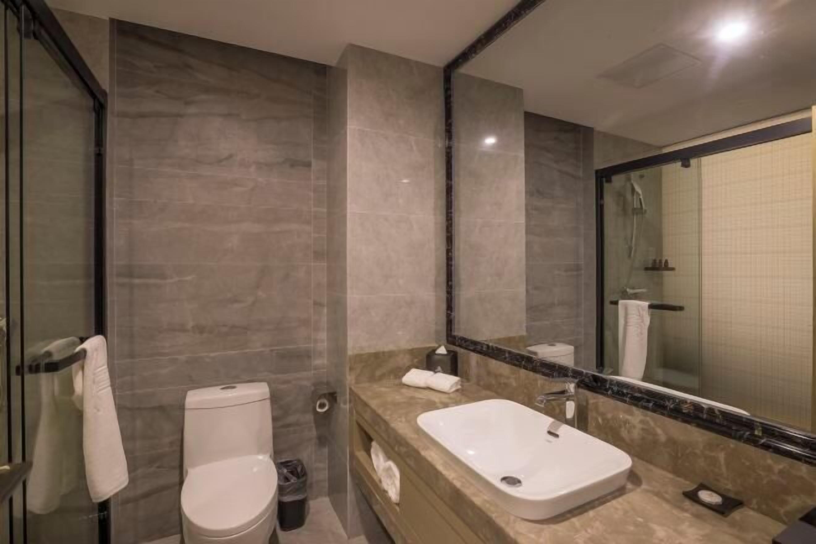A modern bathroom with a toilet, sink, and large mirror.