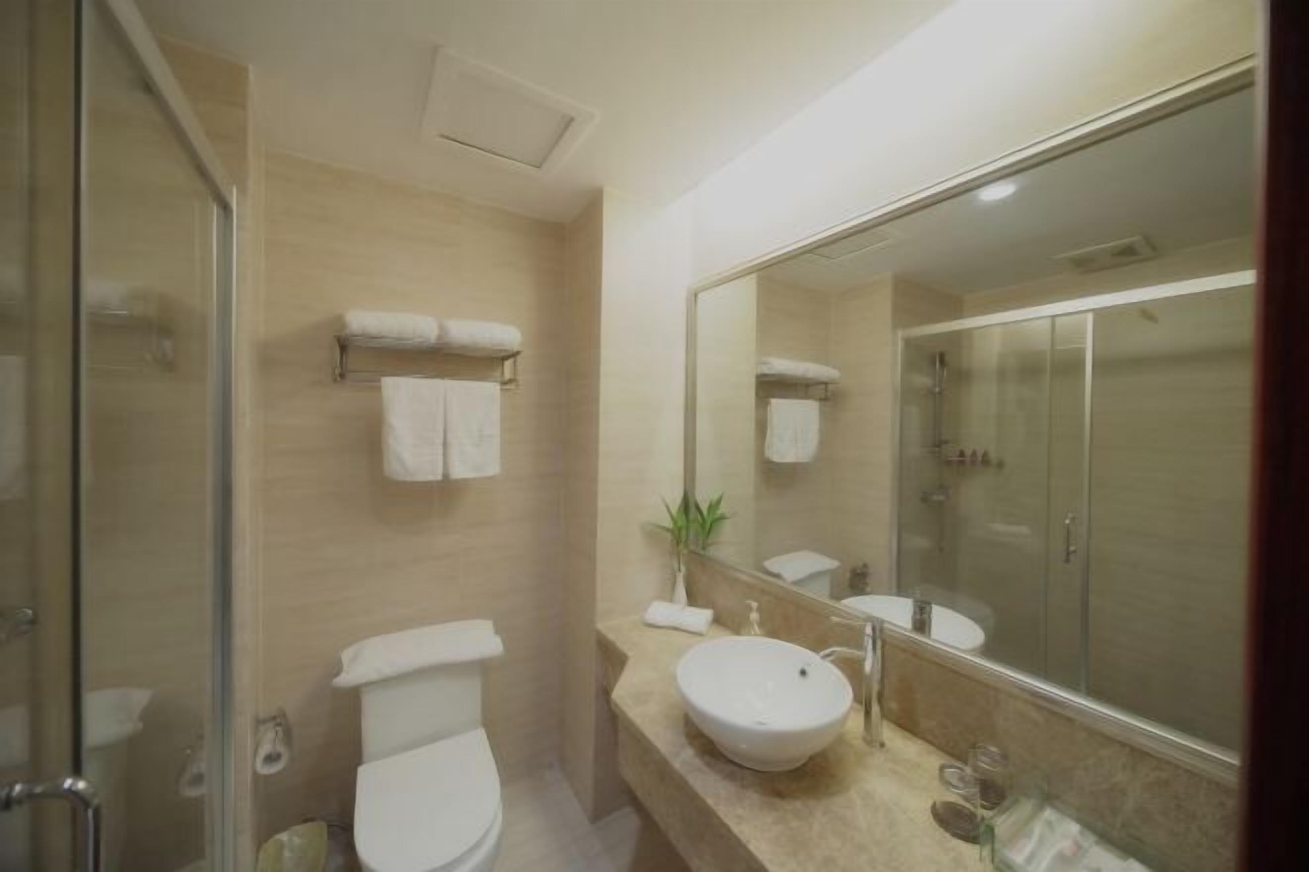 Une salle de bain moderne avec une douche à parois de verre, un meuble-lavabo beige et un grand miroir.