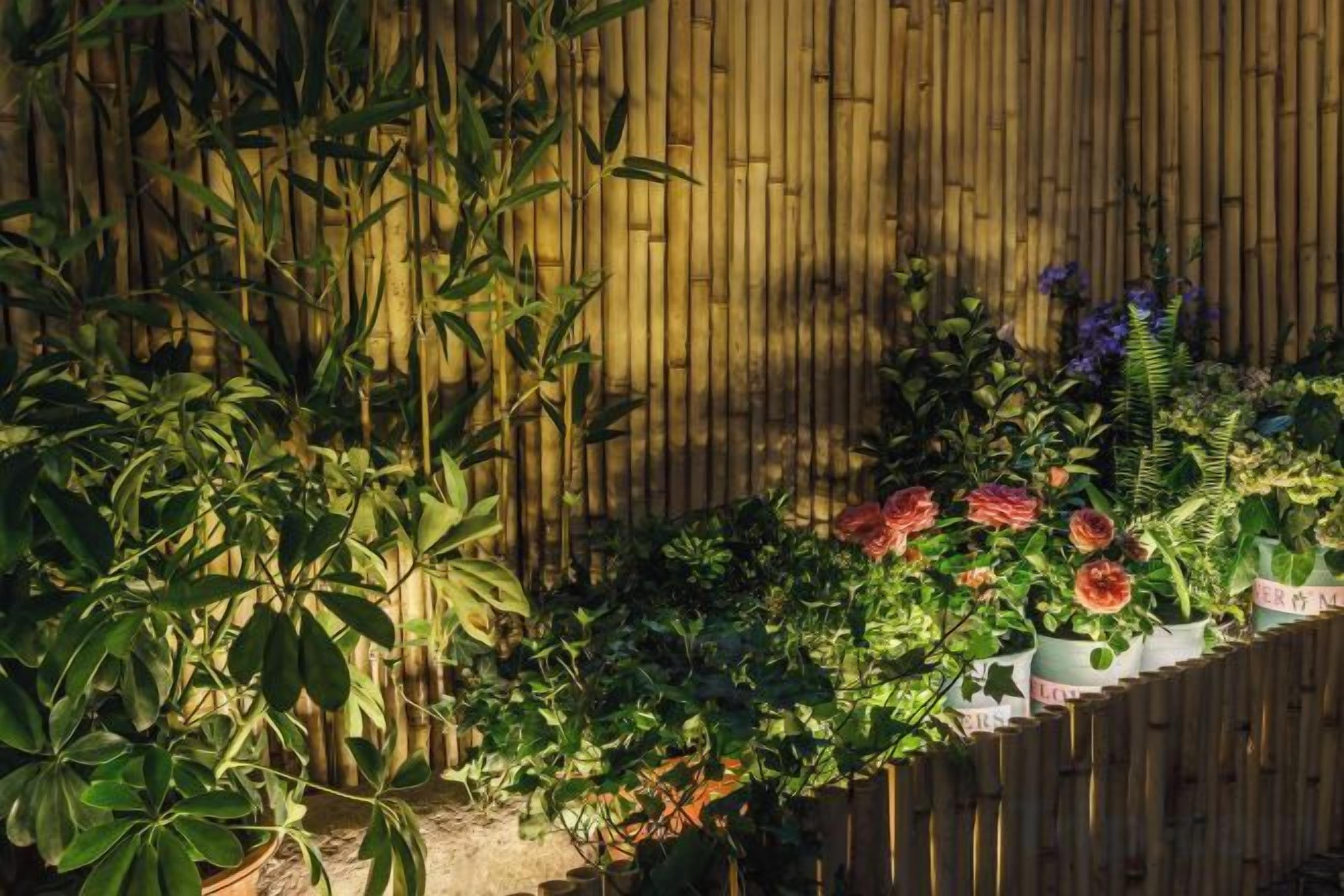 Un jardín con diversas plantas y flores, una cerca de madera y un fondo de bambú.