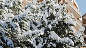 A multi-story building with wooden balconies and snow-covered trees. - Apartment '6p Au Pied Des Pistes' with Mountain View, Balcony and Wi-Fi (Val Thorens)