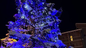 A snow-covered tree with blue lights, a building with balconies, and a signpost. - Apartment '6p Au Pied Des Pistes' with Mountain View, Balcony and Wi-Fi (Val Thorens)