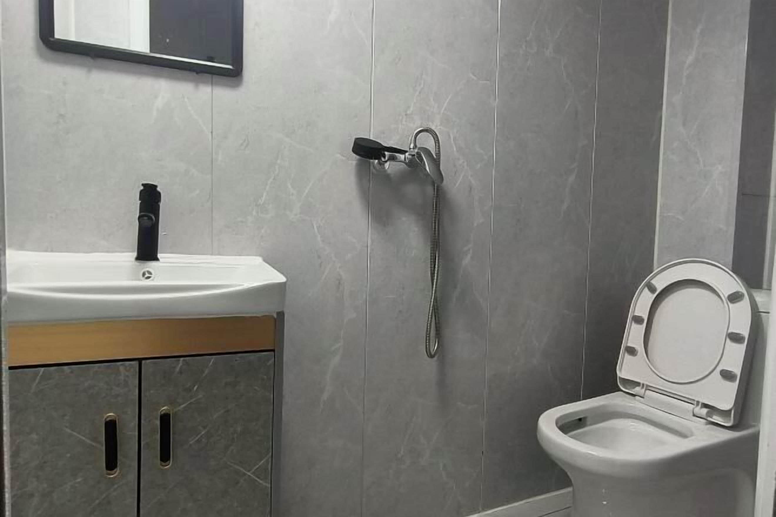 Une salle de bain avec un lavabo blanc, des toilettes et une pomme de douche.