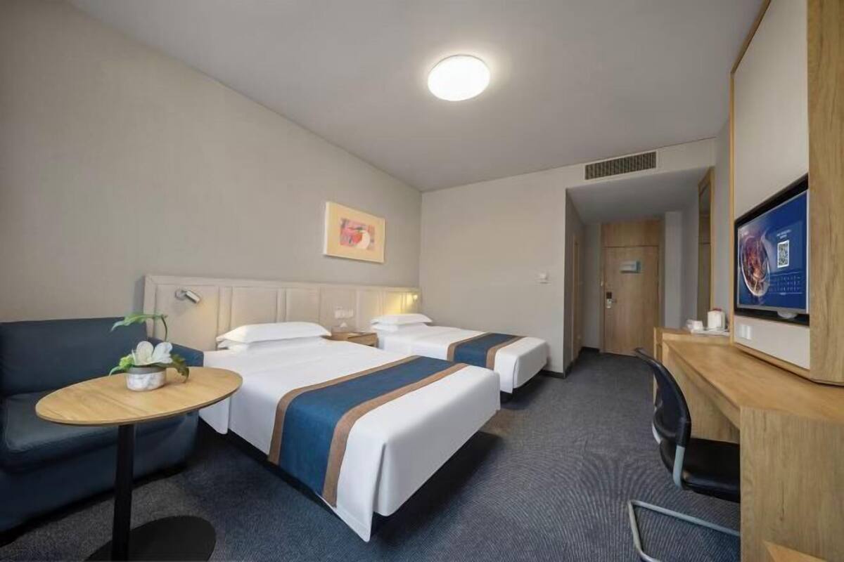 A hotel room with two beds, a desk, a chair, a small table with a plant, a picture on the wall, and a TV on the desk.