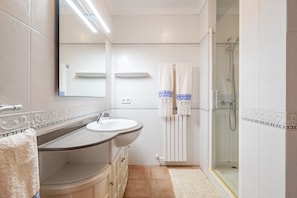 Shower, hair dryer, towels