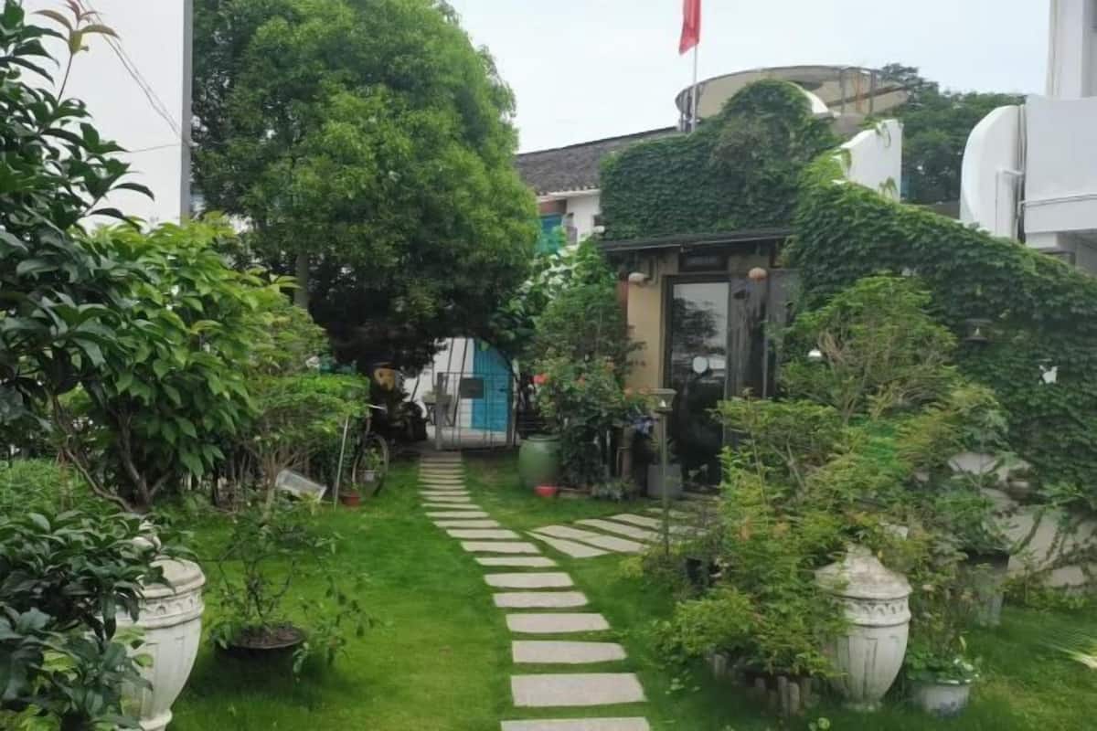 A garden with a stone pathway, potted plants, and a building with a glass door.