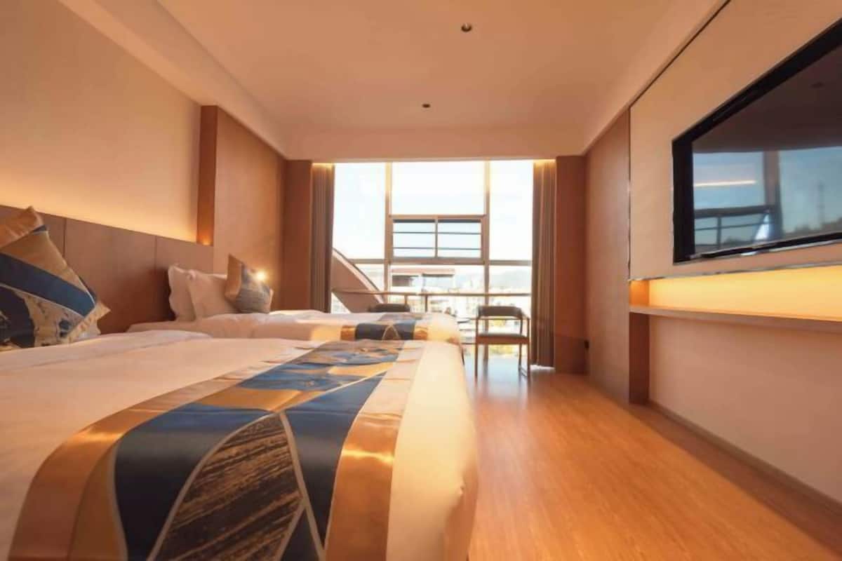 Une chambre d’hôtel avec un grand lit, une télévision et une vue sur la ville par la fenêtre.