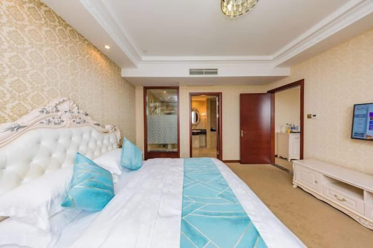 Una habitación de hotel con una cama grande, un armario, un televisor y una puerta que da a un baño.