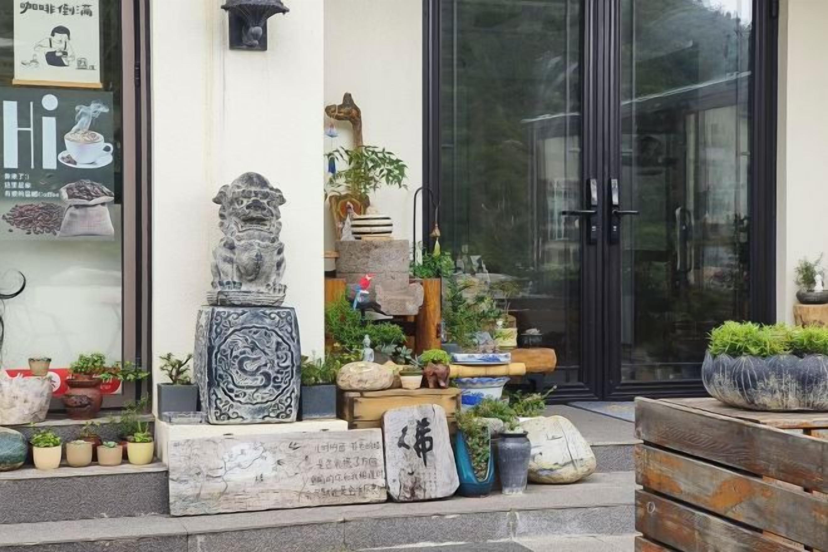 A building entrance with a stone lion statue, potted plants, and a glass door.