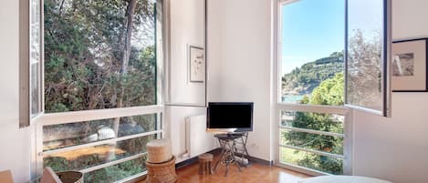 A bedroom with large windows, a television, and a view of a forested area.