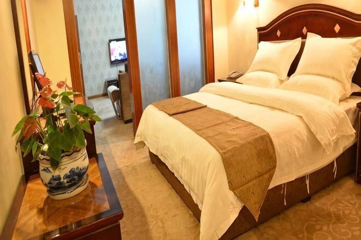 A hotel room with a bed, a bedside table with a vase, a television, and a door leading to another room.