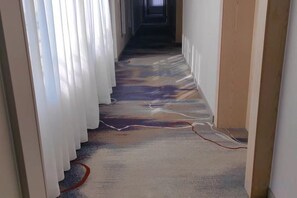 A corridor with a patterned carpet and white curtains. - Homeinn Pebble Hotel (Hami Railway Station Bayi North Road) (Hami)