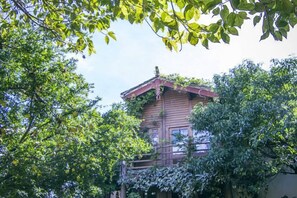 A wooden building with a sloped roof, surrounded by dense foliage. - Mrs. Sha's Living Room Inn (Jianchuan)