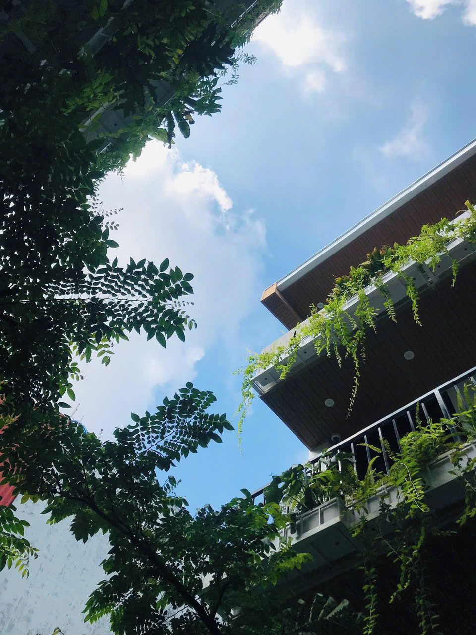 A building with multiple balconies, some with plants, and a clear sky with clouds.