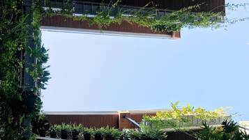 A modern building with a flat roof and a series of potted plants arranged along the edges.