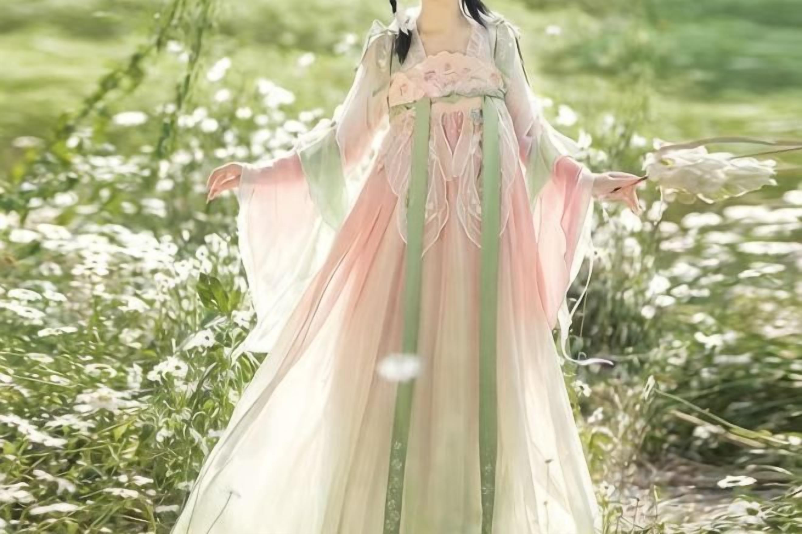 A person in a flowing dress with long sleeves and a floral detail, standing in a field with tall grass and flowers.