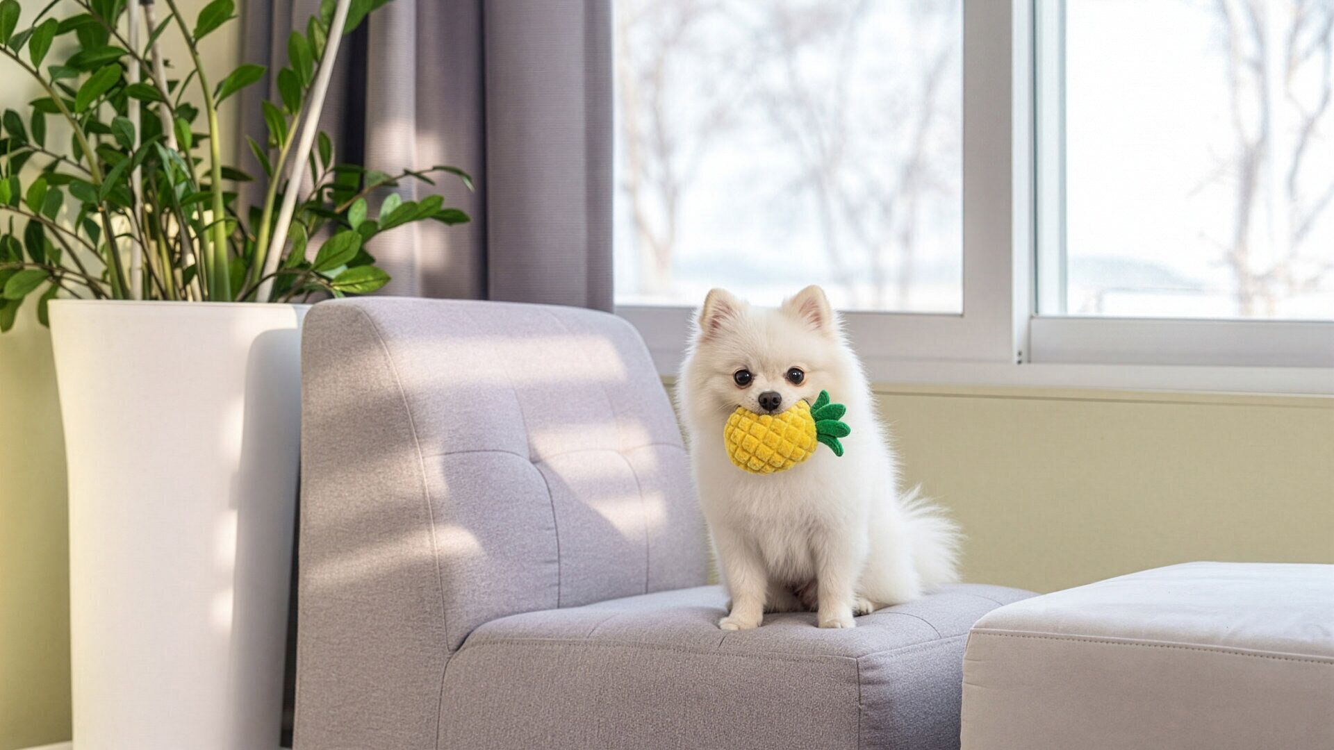 A small white dog sitting on a grey sofa with a yellow toy in its mouth, a plant to the left, and a window with a view of trees in the background.