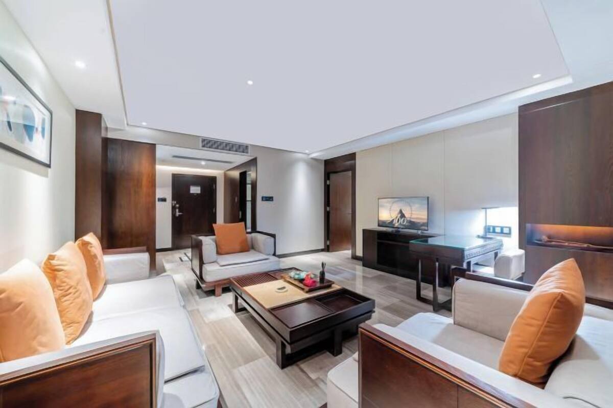 Una habitación de hotel moderna con una cama grande, un sofá, una mesa de centro y un televisor.