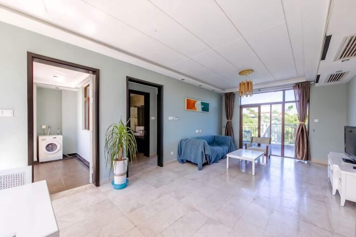Un grand espace de vie comprenant un canapé, une table à manger, un téléviseur et une plante en pot.