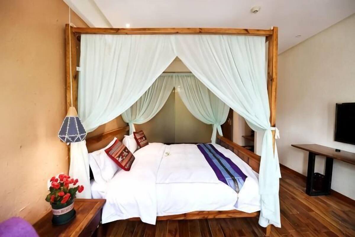 A bed with a canopy, a bedside table with a lamp, and a television on a stand.