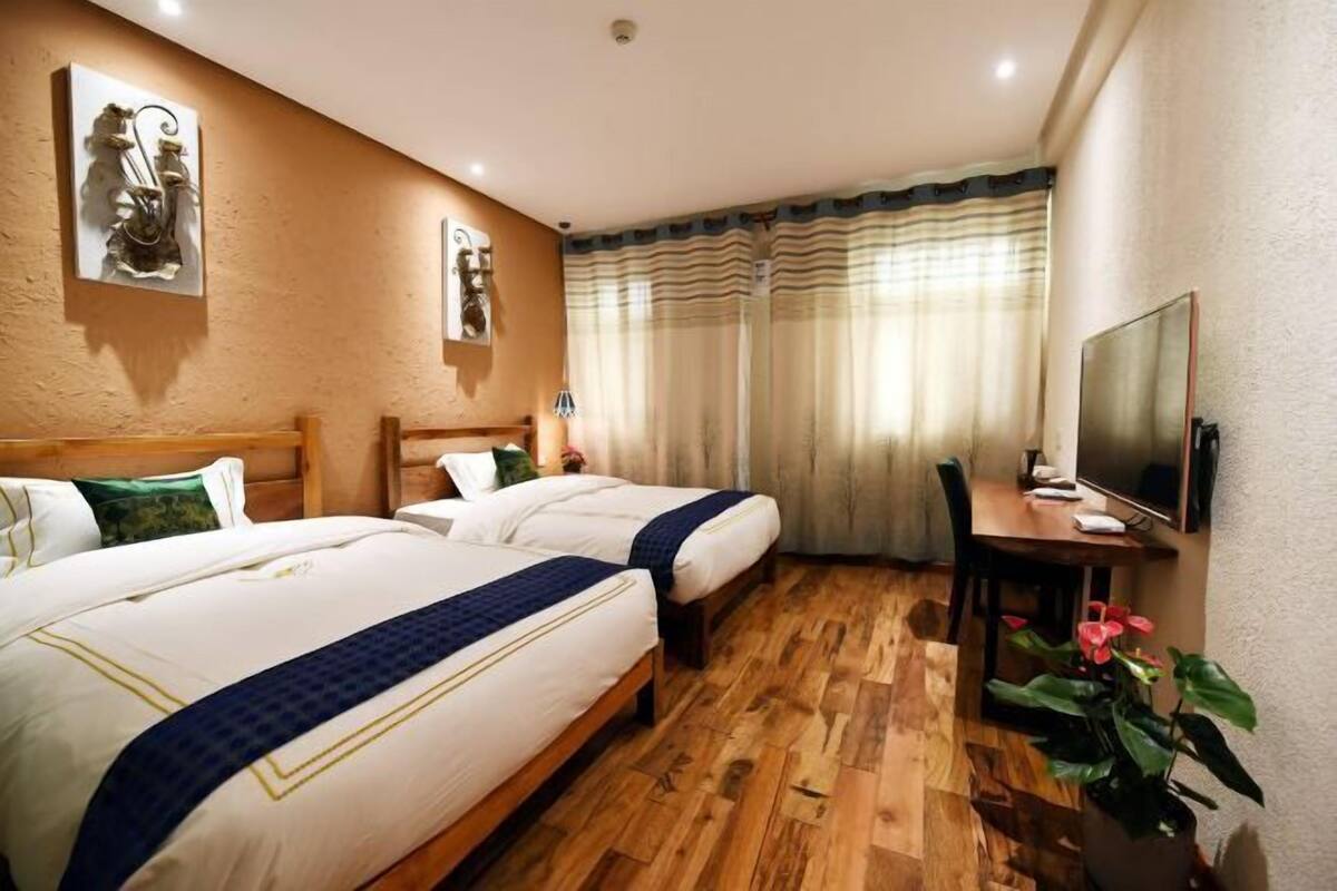 A hotel room with two beds, a desk, a television, and a potted plant.