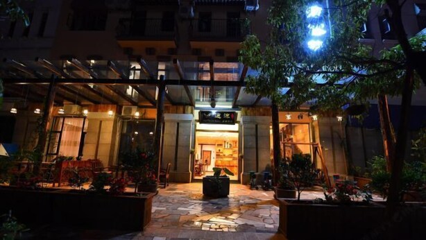Entrada de un hotel con fachada de vidrio, pavimento de piedra y plantas en macetas.