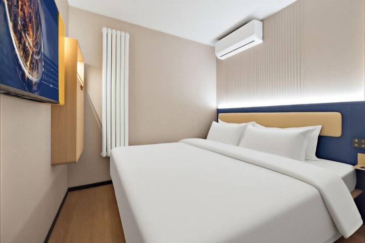 A hotel room with a large bed, a wall-mounted air conditioner, a radiator, and a painting on the wall.