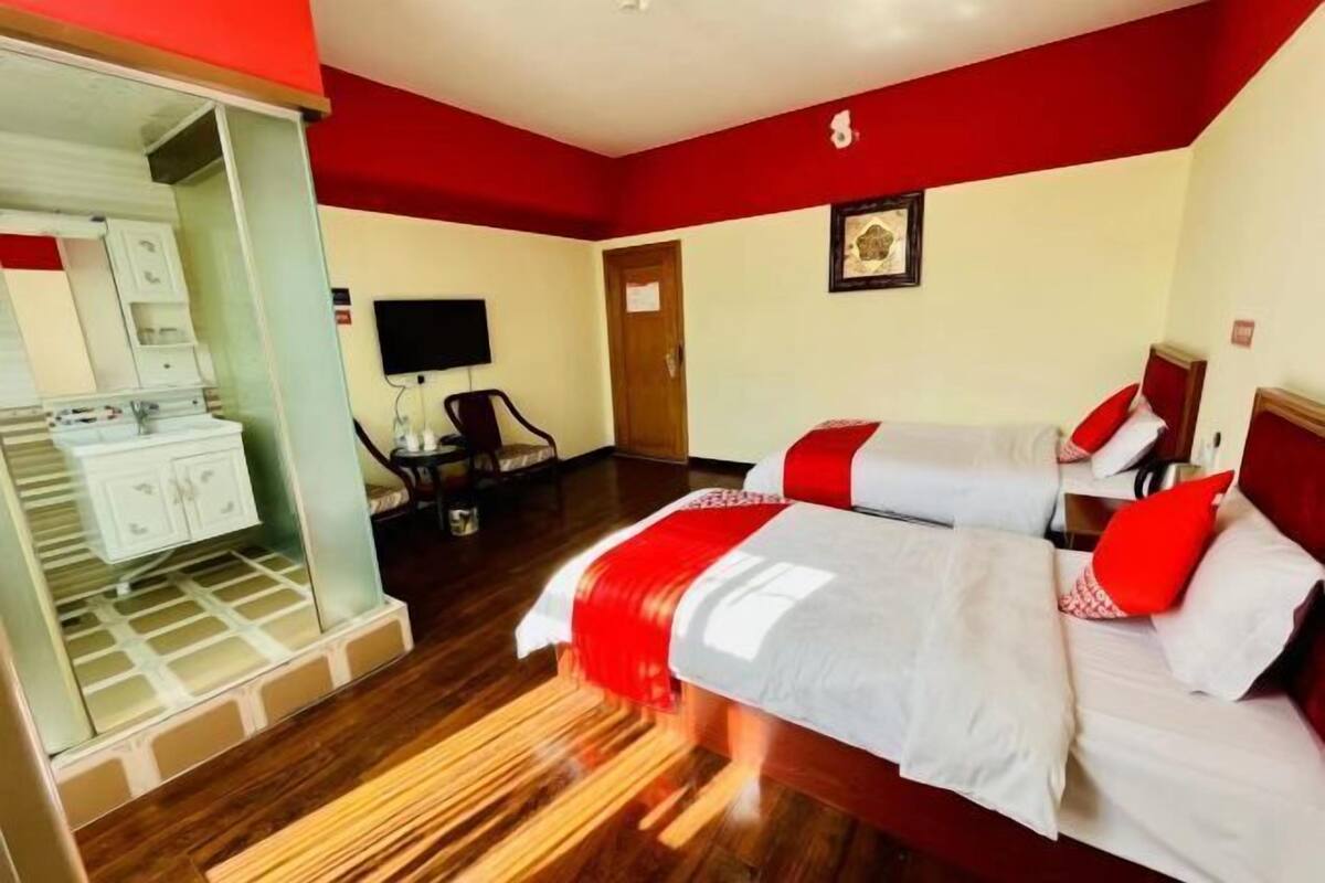 Quarto de hotel com duas camas, televisão, espelho e guarda-roupa.