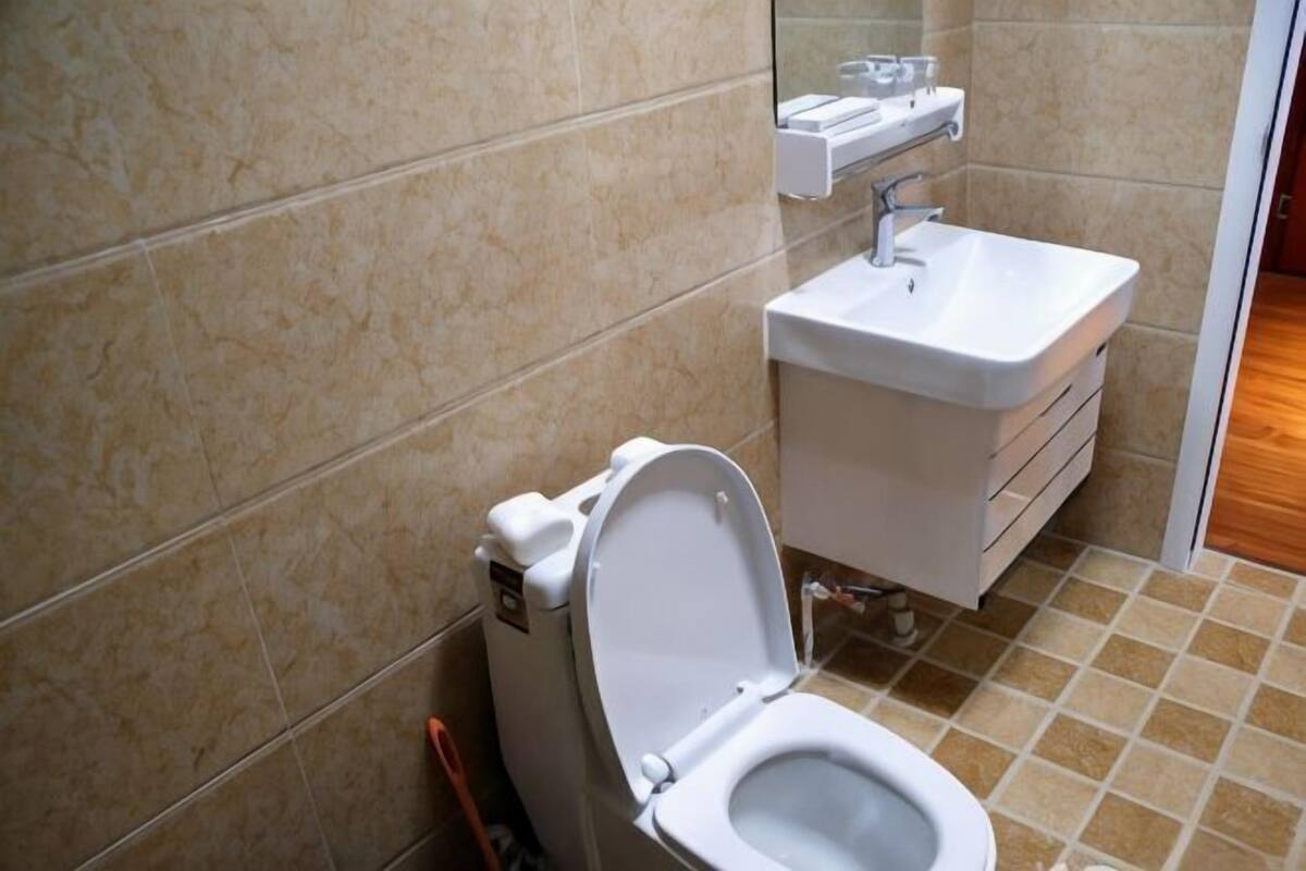 A bathroom with a toilet, sink, and mirror.