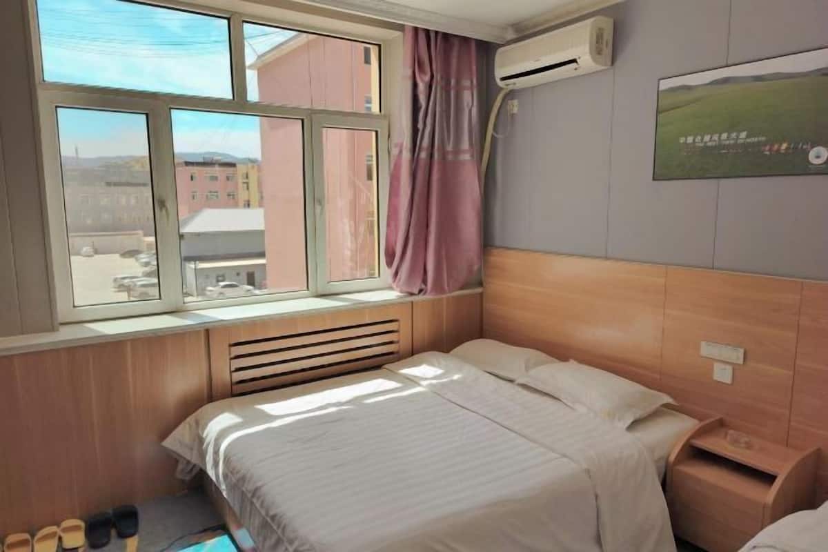 A hotel room with a bed, a window with a view of buildings, an air conditioning unit, and a wall-mounted picture.