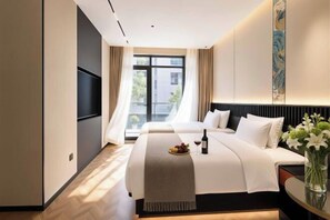 A hotel room with a bed, a TV, a window with curtains, and a vase with flowers. - LAKE STAR Designer Curated Hotel (Quanzhou Ancient City Food Street) (Quanzhou)