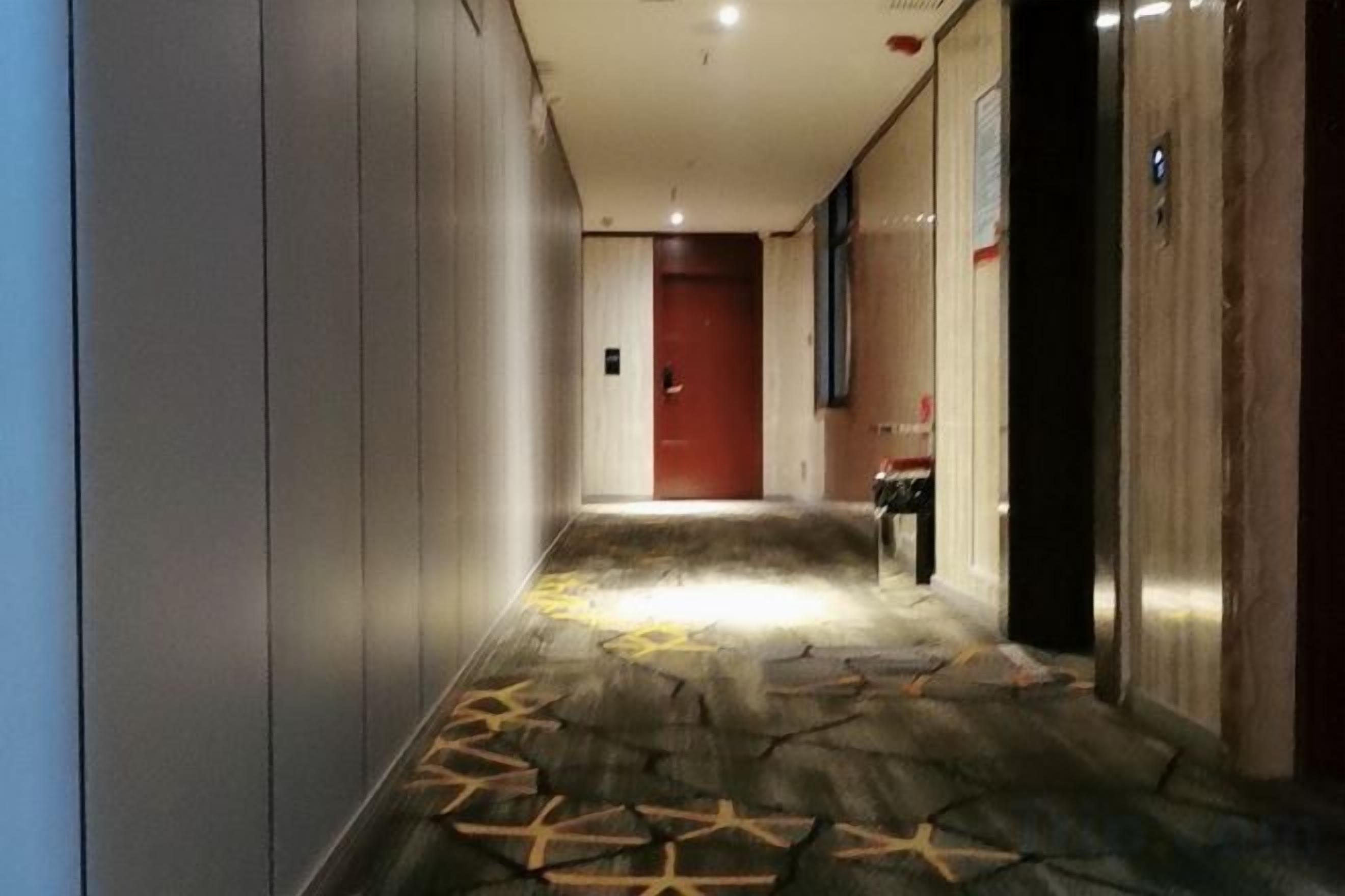 A hallway with a patterned carpet, a red door at the end, and an elevator on the right.