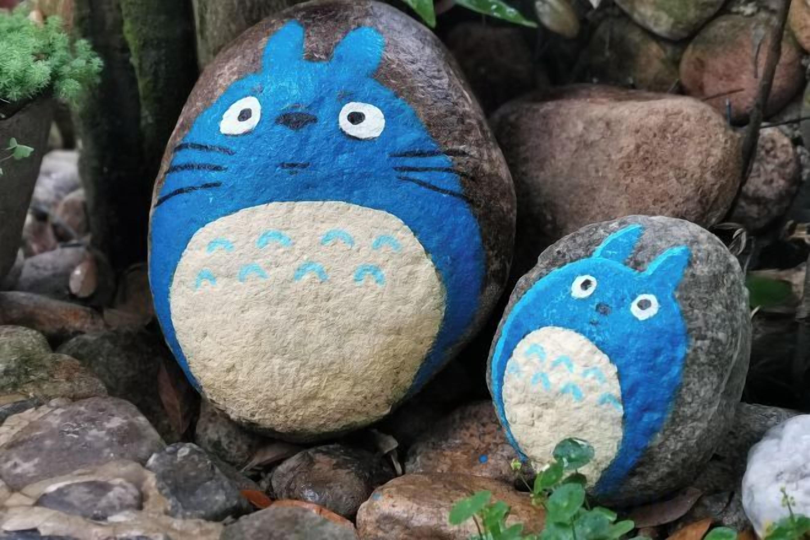Two painted rocks with animal faces, surrounded by natural stones and greenery.
