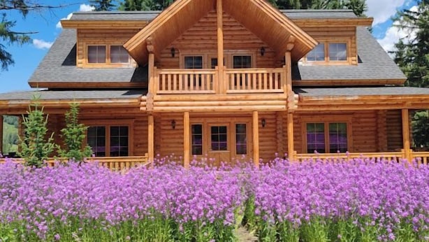 A log cabin with a balcony, large windows, and a surrounding flower field. - The Four Seasons Amusement Hotel Kanas (Burqin)