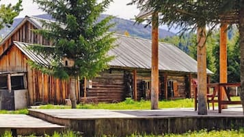 A rustic wooden cabin with a metal roof, surrounded by lush greenery and a wooden deck.