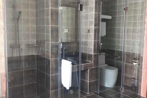 Un vestíbulo de ducha con paredes de cristal, suelo de baldosas, un lavamanos y un inodoro.