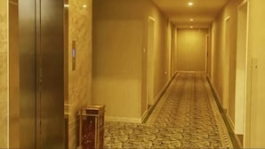 Un couloir d’hôtel avec un tapis à motifs, des portes des deux côtés et un ascenseur au centre.