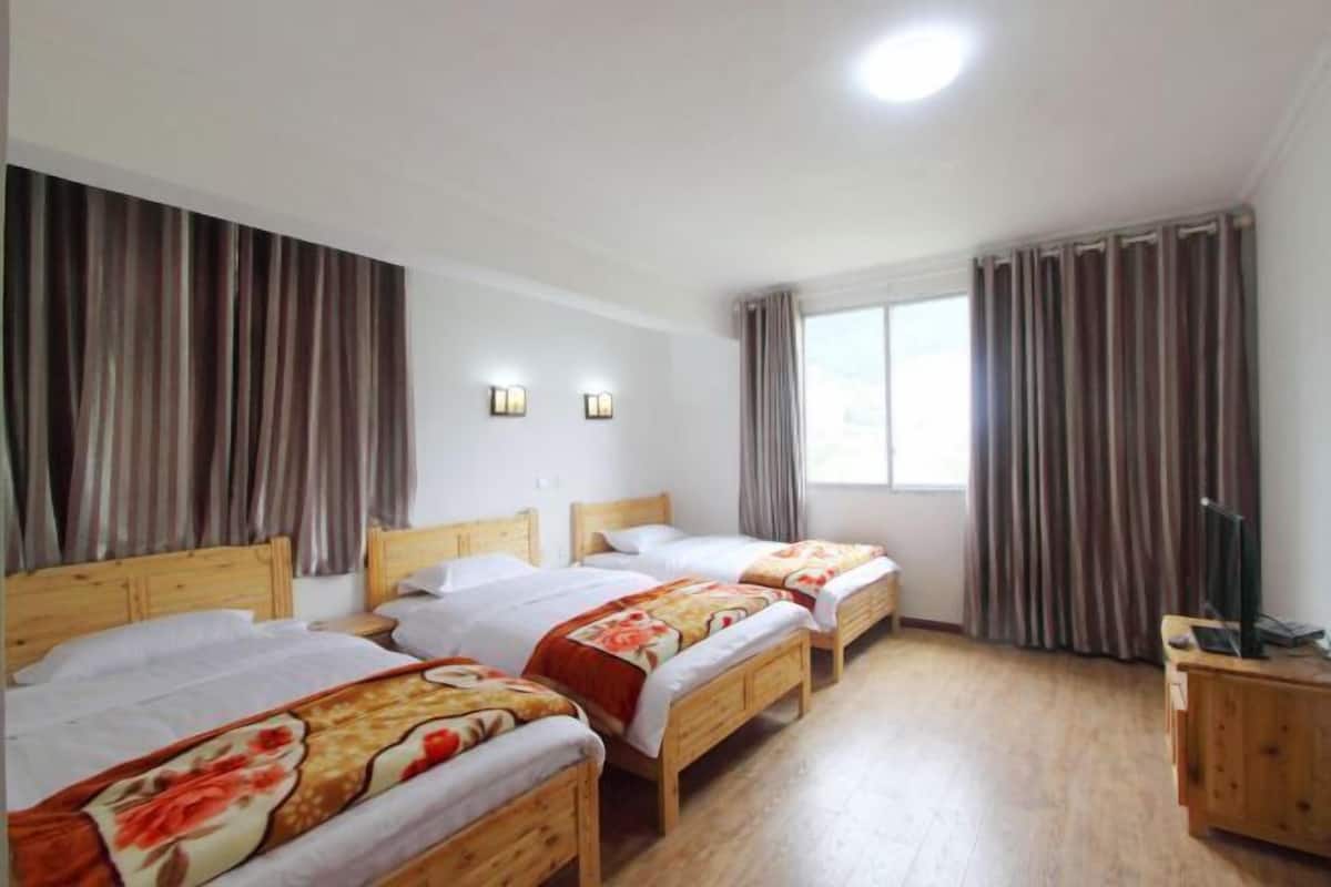 Habitación de hotel con tres camas de madera, una mesita de noche de madera, un televisor y una ventana con cortinas.