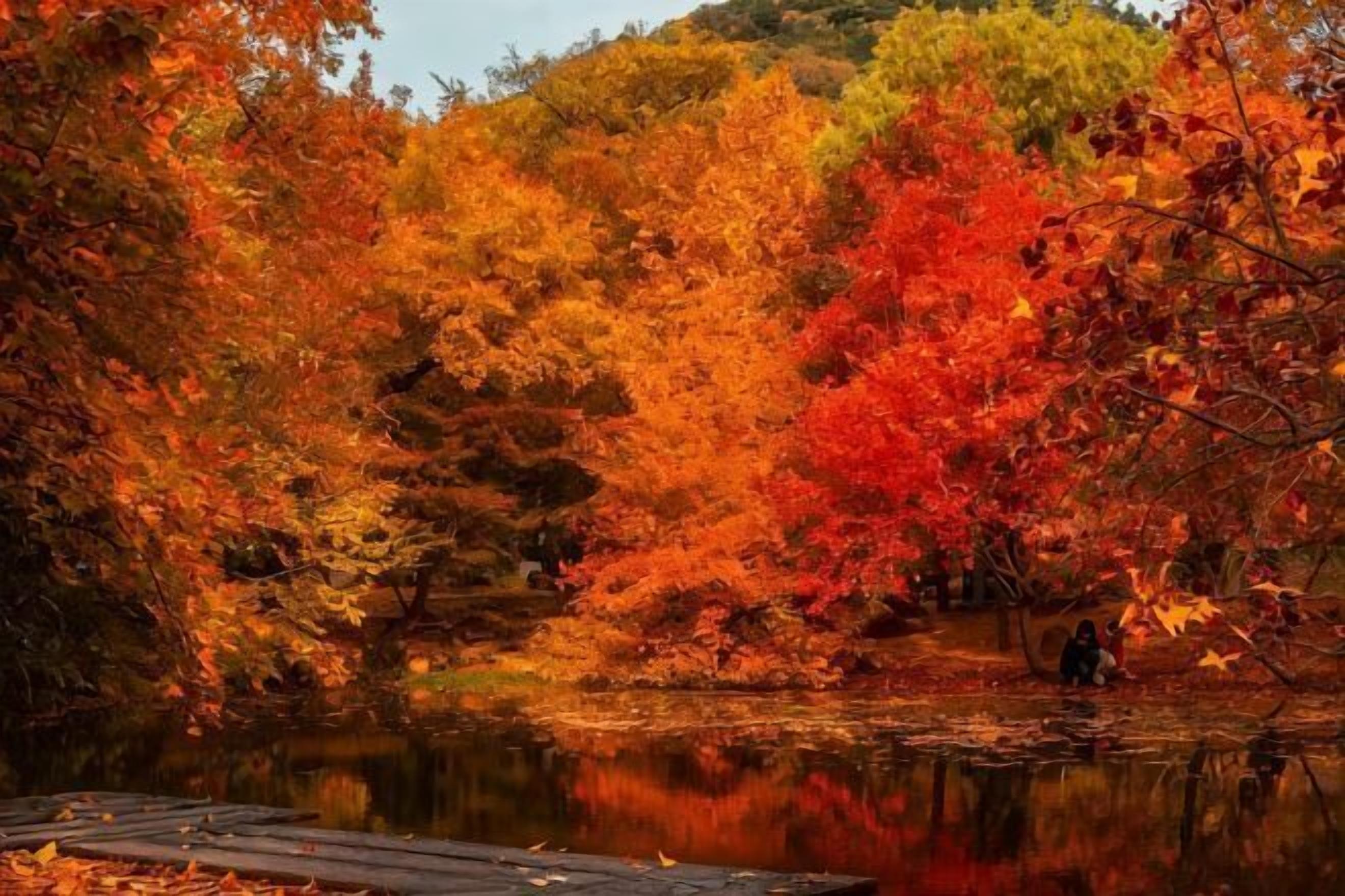 A serene autumn landscape with a wooden dock extending into a calm body of water, surrounded by vibrant foliage.