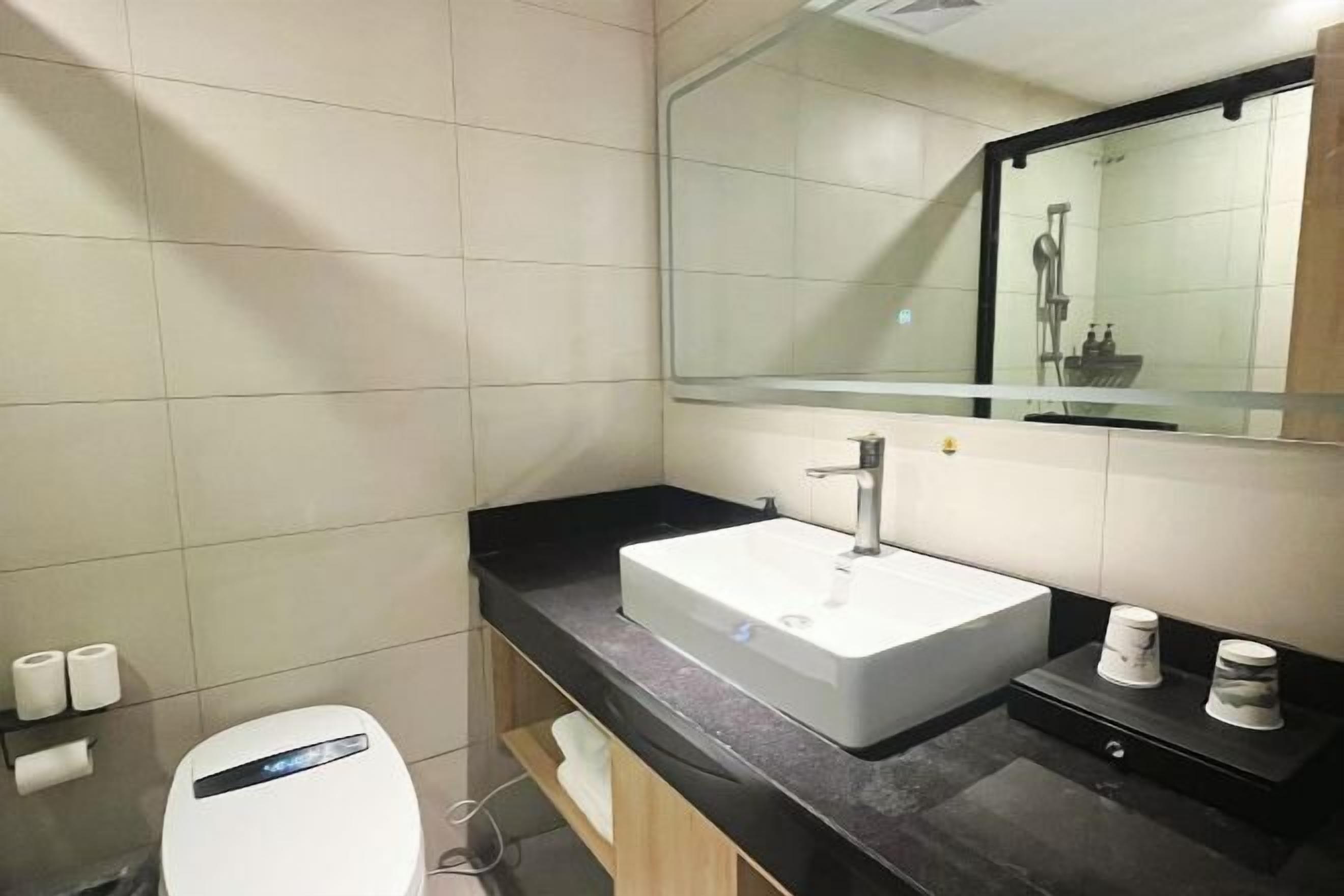 Une salle de bain moderne avec un lavabo blanc, un plan de toilette noir et un grand miroir.