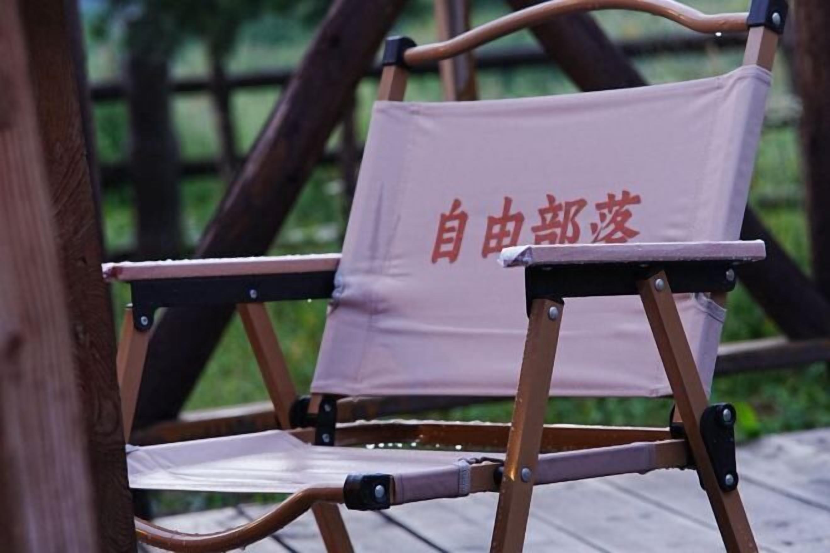 A wooden deck chair with a canvas backrest and a cushion.