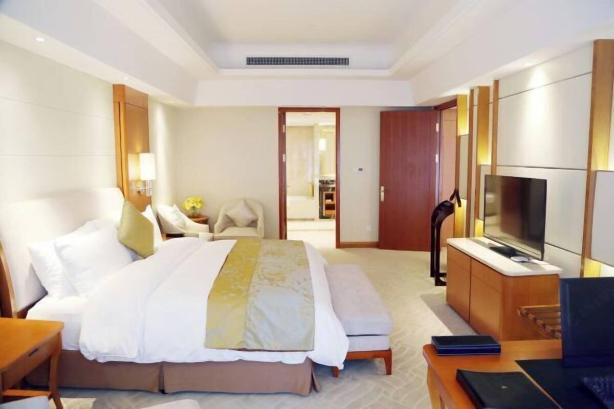 Habitación de hotel con cama, televisor, escritorio y silla.
