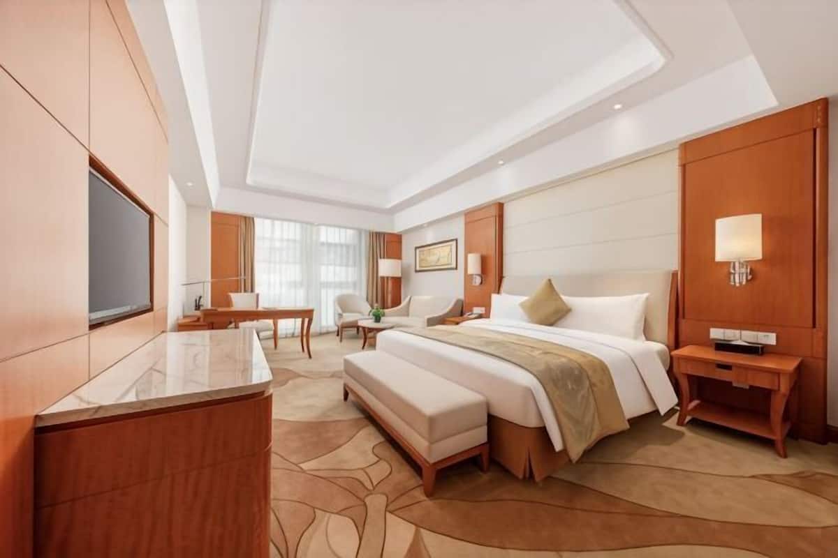 Une chambre dâhĂŽtel avec un grand lit, un bureau, une tĂ©lĂ©vision et un coin salon.
