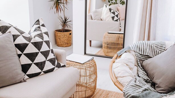 Ein modernes Wohnzimmer mit einer Couch, einem Sessel und einem großen Spiegel, der eine Pflanze und eine Couch reflektiert.