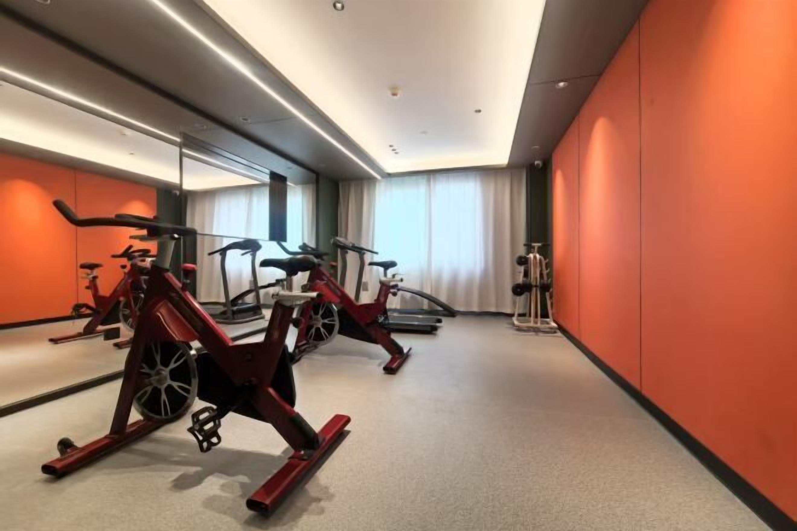 Un gimnasio moderno con bicicletas estáticas y una caminadora.